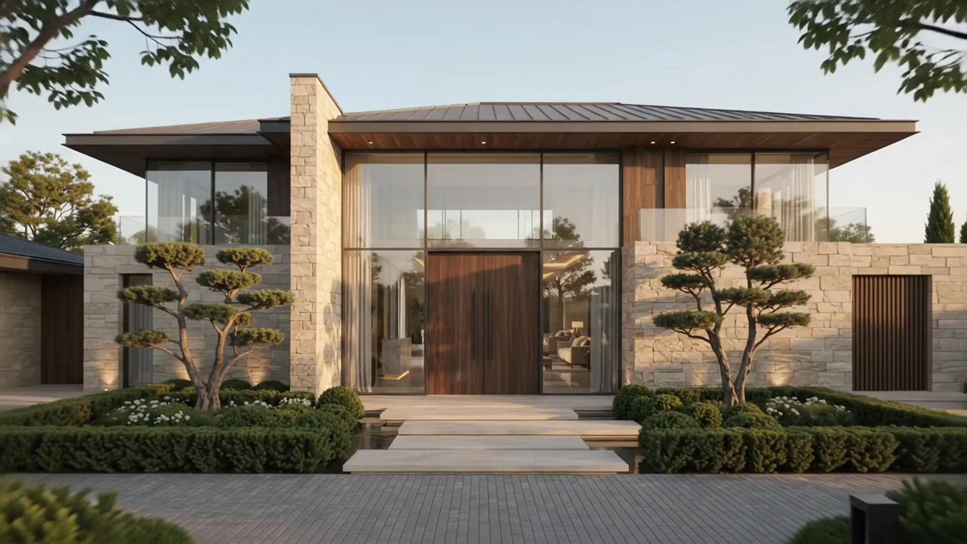 A landscaped stone villa and its central entrance
