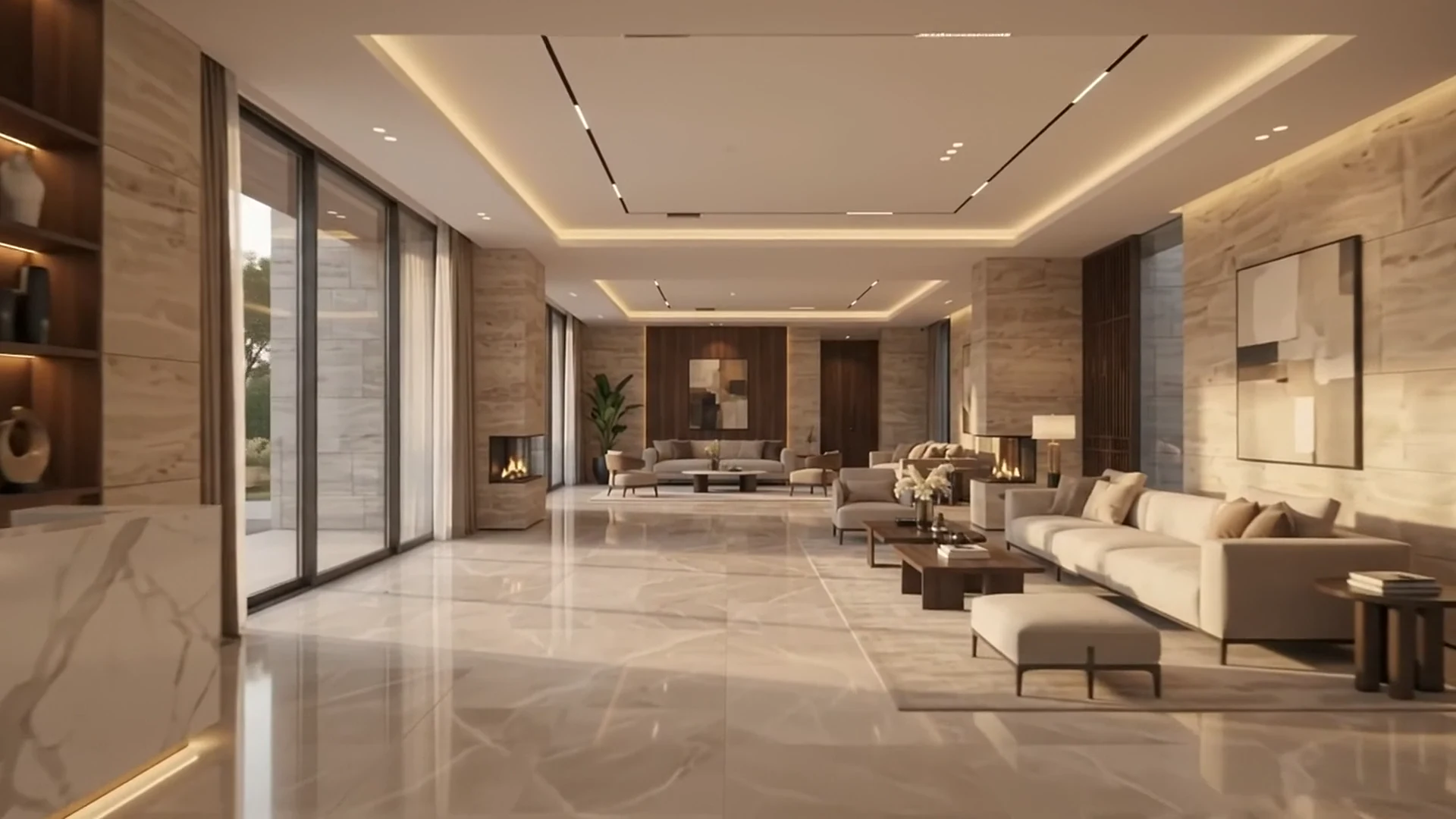 An open living room with natural stone and curved seating