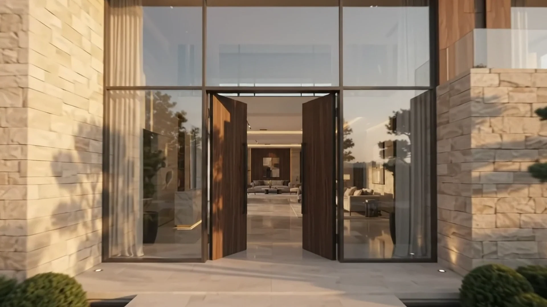 A villa entrance opening onto warm interiors